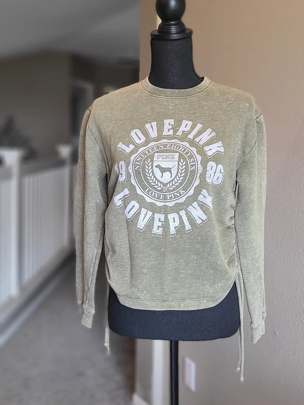 PINK Victoria's Secret Olive Green Sweatshirt with Ruched Sides - Picture 1 of 5